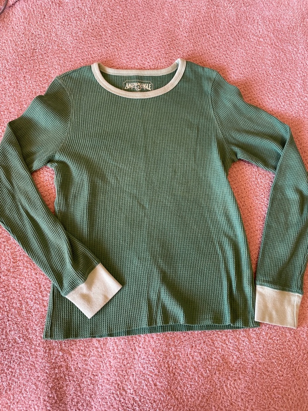 American Eagle Green Waffle-Knit Long Sleeve Top with Trim